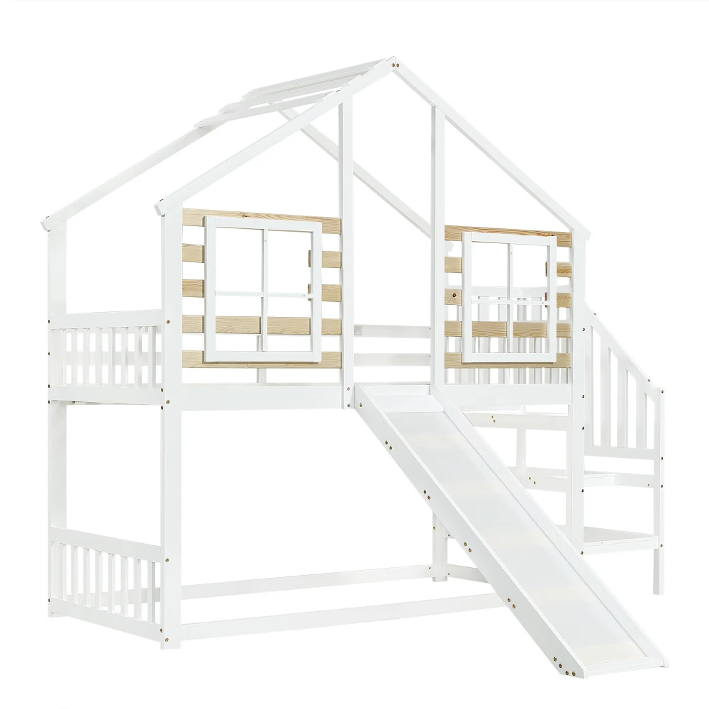 90x200cm Etagenbett, Holzbett mit Treppe und Gitter, mit Rutsche und Fenster, Holzhaus mit Absturzsicherung, Massivholzrahmen – Detail 17