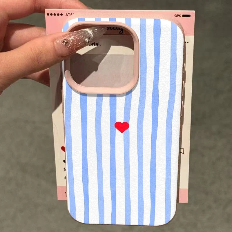 Minimalist Blue and White Striped Heart Pattern Phone Case