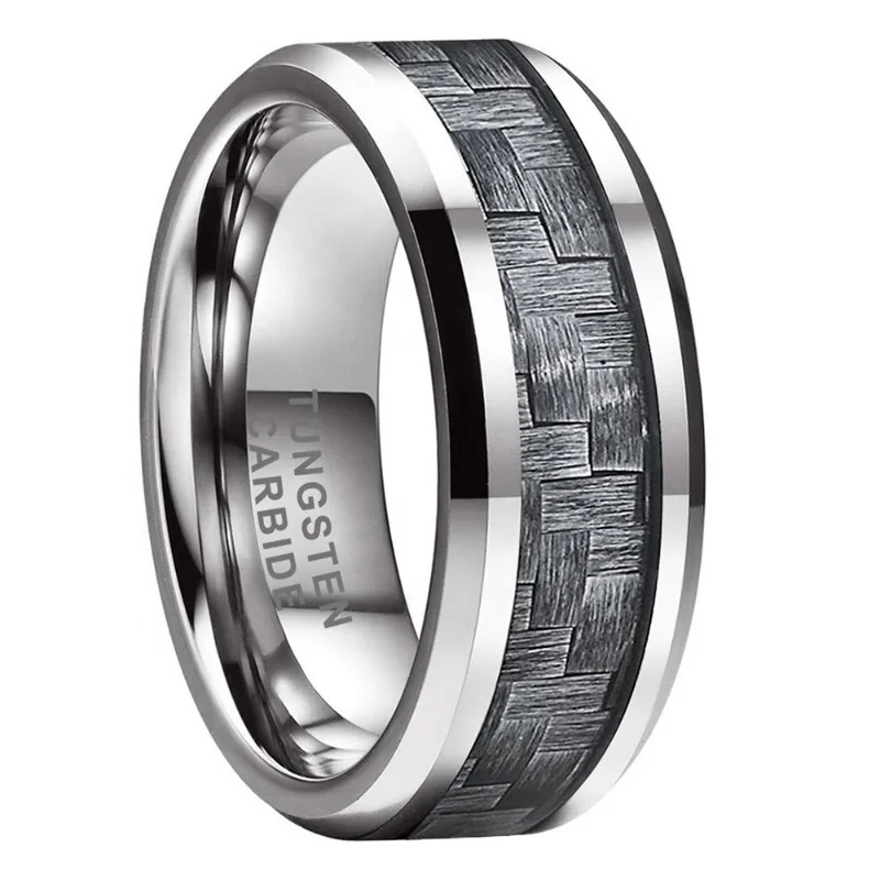 Somen 8mm Black Tungsten Carbide Rings Wedding Band For Men Blue Carbon Fiber Inlay Beveled Edge Polished Jewelry Men's Ring 5