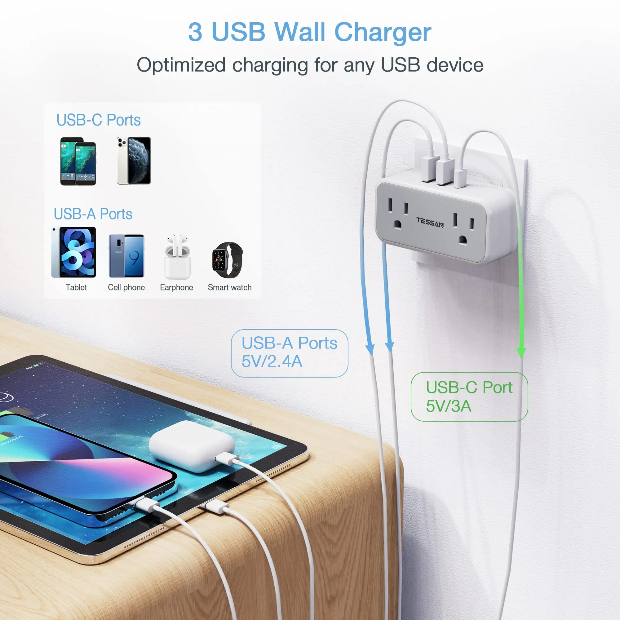 TESSAN-̱   ͽٴ, AC ܼƮ 2 , USB 3  (USB C 1 ), Ȩ ǽ  5  1 Ƽ ܼƮ   