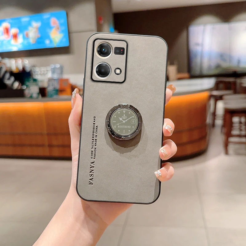 Reno7 Luxury Sheep Skin Leather Ring Holder Phone Case On For Oppo Reno 7 6 5 Lite 8 9 10 11 Pro Plus 4g 5g Back Cover Reno11