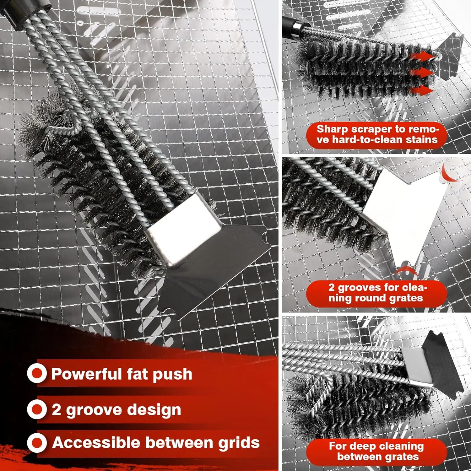 Grill Brush with Scraper BBQ Cleaner Brush Stainless Steel Bristles and Safe Long Handle Cleaning Tool for All Grill Press