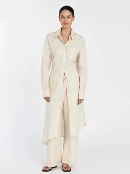 Marthaiqiqi Striped Female Nightgowns Suit Turn-Down Collar Nightwear Long Sleeve Robe Wide Leg Pants Fashion Women Pajamas Set