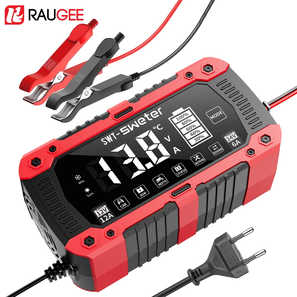 Caricabatterie per Auto 12V 12A / 24V 6A Intelligente con Display LED per Batterie al Piombo-Acido e Riparazione a Impulsi