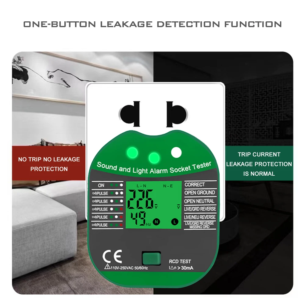 LEFAVOR Socket Tester Pro Voltage Test RCD 30mA Socket Detector UK EU Plug Ground Zero Line Plug Polarity Phase Check 3