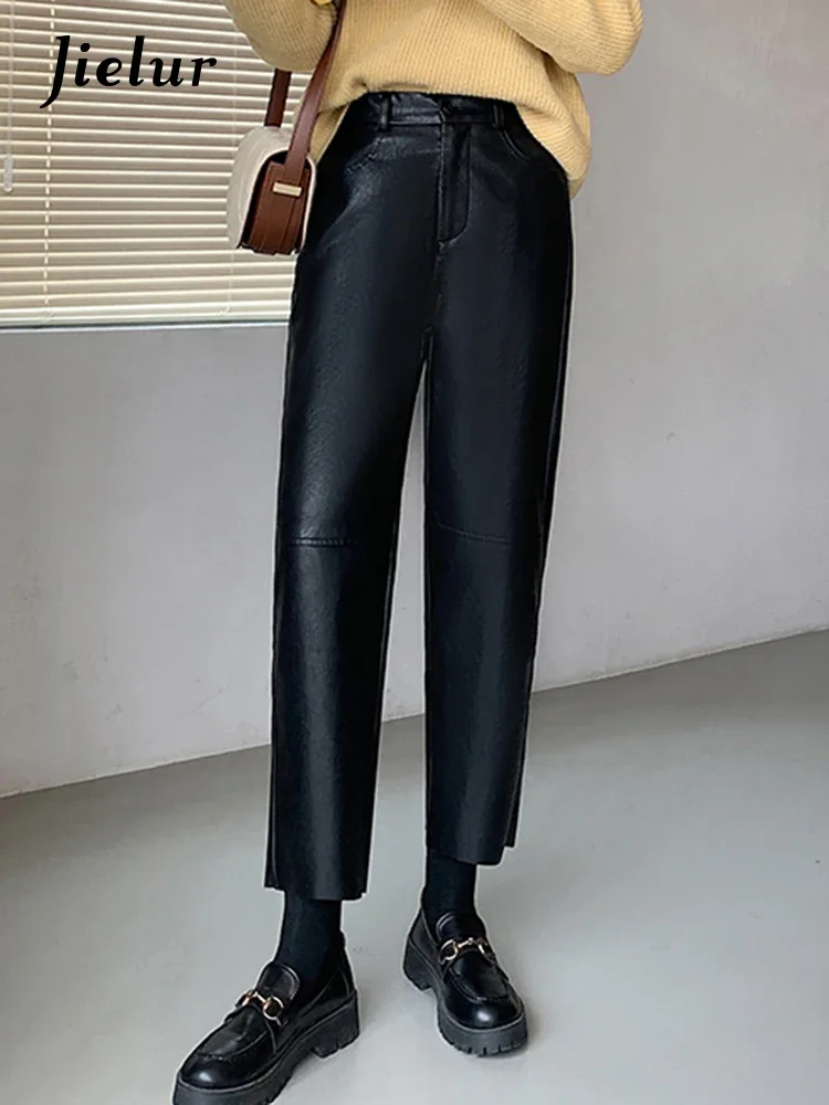 Jielur Black Pu Casual Slim Female Pants Office Lady Solid Color High Waist Straight Chic Button Zipper Fashion Women's Trousers