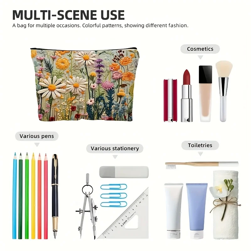 Floral Canvas Makeup Bag Zipper Pouch With Lining Daisy Wildflower Toiletries Organizer Perfect Gifts For Women Teachers_voghion.com