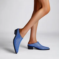 2025 New Mules Baotou Pointed Thick Heel Medium Heel Rhinestone Large Women's Slippers Half Slippers Women Shoes for Women - Image 3