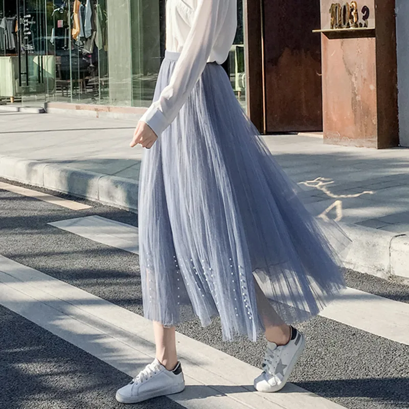 mini skirts for women High-waisted Mesh Skirts Mid-length Hong Kong Style Beaded Pleated Skirt Gauze Skirt Soft Fairy 2022 Summer Autumn New Styles long skirts for women Skirts