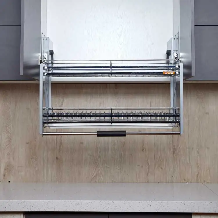 Kitchen Storage Lift Up System Plate Rack Stainless Steel Dish Rack Basket Elevator Organizer Basket