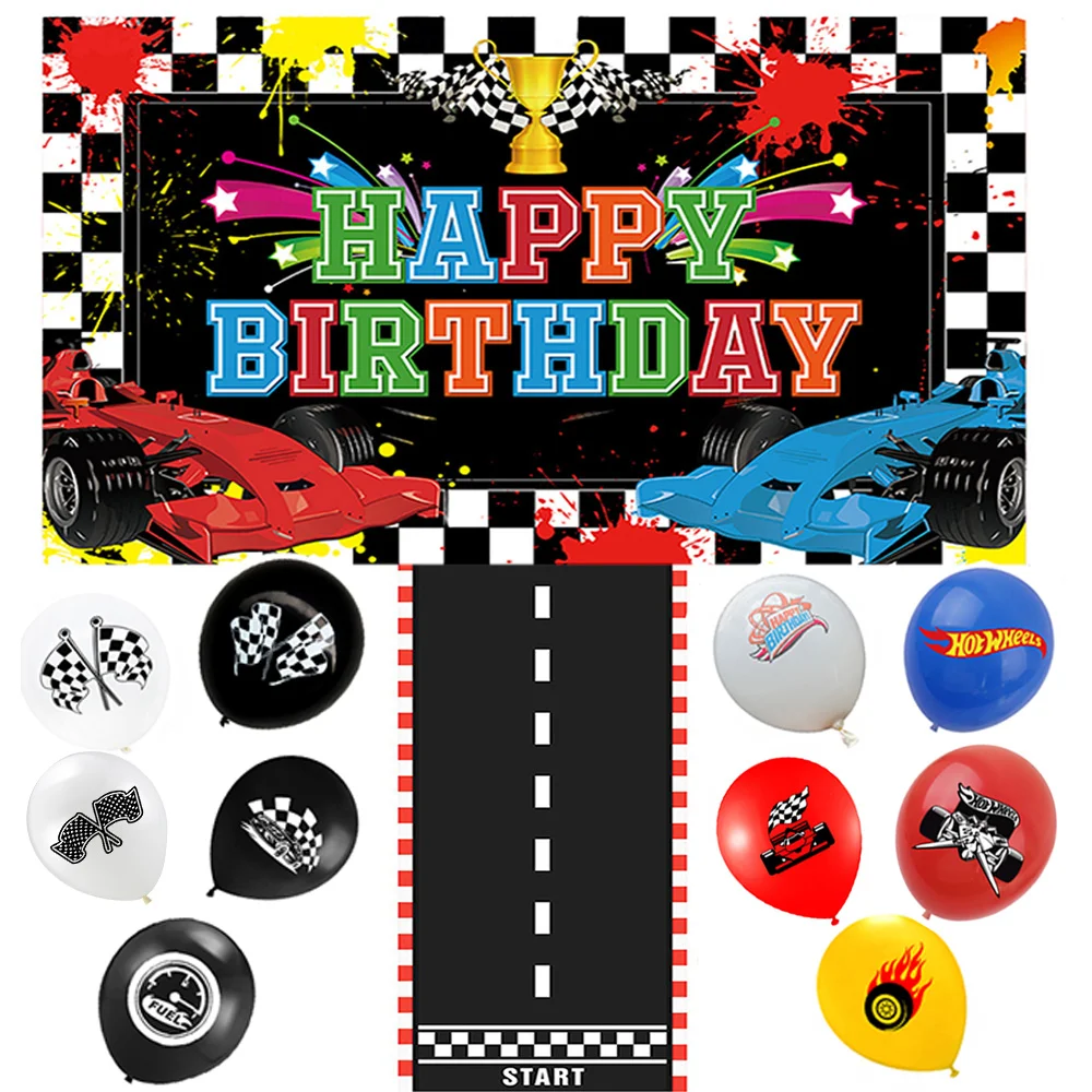 

Race Car Happy Birthday Background Banner Racetrack Floor Runner Hot Wheels Party Supplies Balloon Racing Car Centerpieces Decor