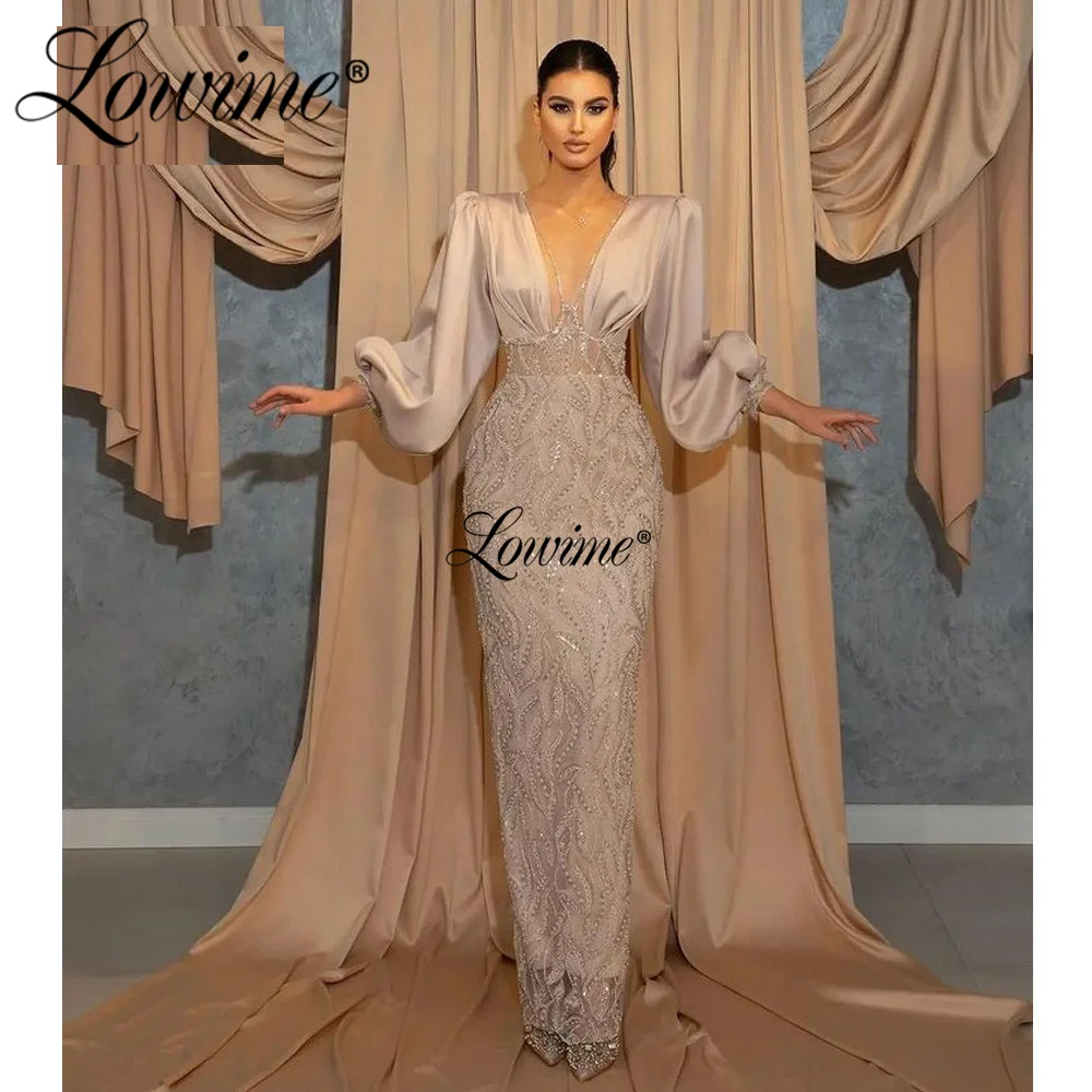 

Lowime Dubai Elegant Long Sleeve Evening Dresses Robes De Soiree 2022 Arabic Mermaid Party Gowns V Neck Pageant Prom Dress Plus