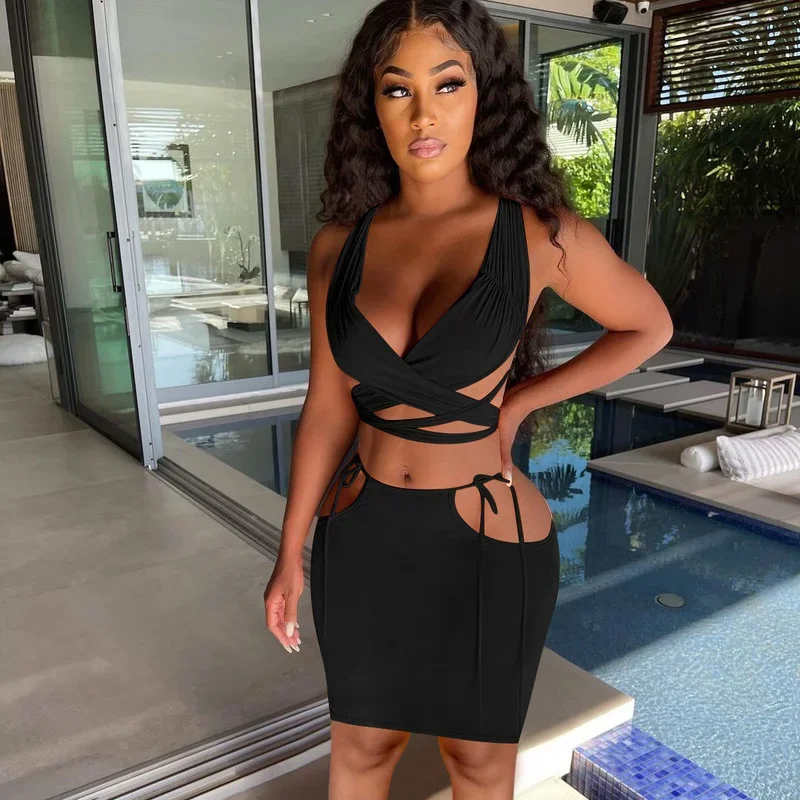 

Женский однотонный бандажный костюм KEXU из двух предметов, короткий топ без рукавов на завязках и юбка, элегантный летний комплект из двух предметов