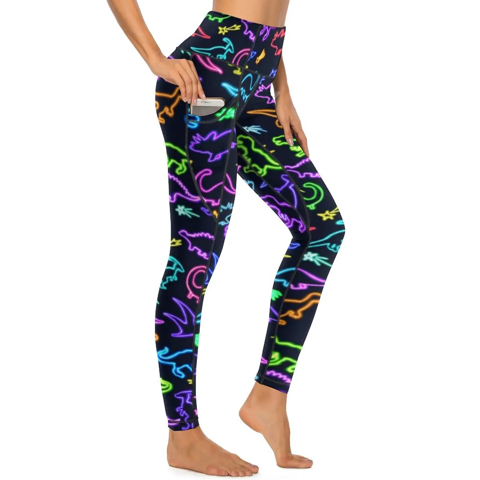 

Neon Dinosaur Print Leggings Colorful Lines Running Yoga Pants Push Up Funny Leggins Elastic Pattern Sports Tights Gift
