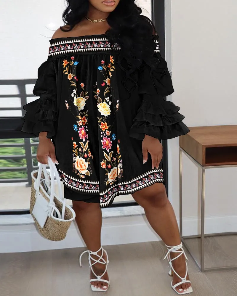 

Women's Casual Off Shoulder Dress Plus Size, Flower Print Summer