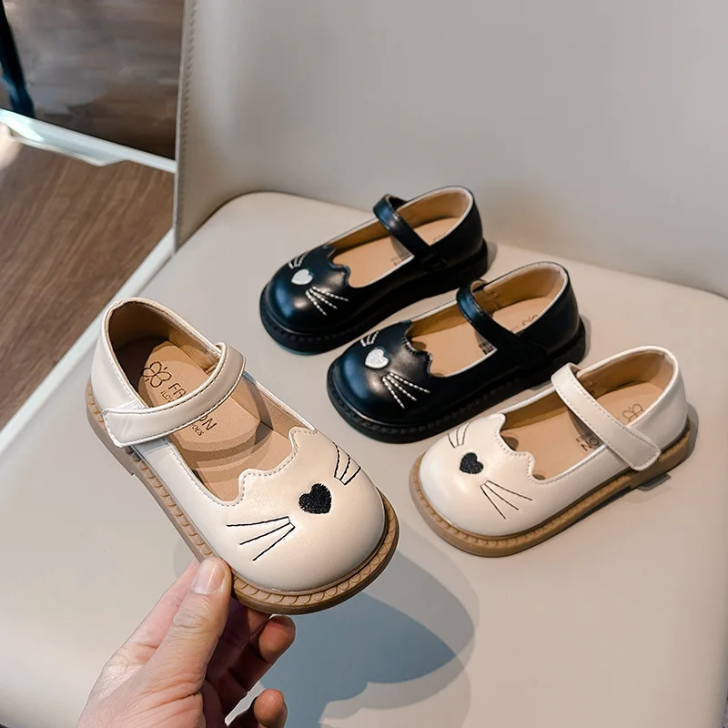 Toddler Girl's Leather Shoes Cat Cartoon Lovely Black Beige Kids Flat Shoe Pu Leather Chic Hook-loop Soft Children Mary Janes 2