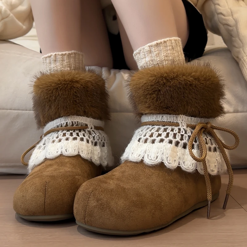 Luxury Bowknot Fluffy Fur Kawaii Snow Boots 2025 Winter Sweet Lace Suede Designer Ankle Boots Warm Plush Woman's Short Booties