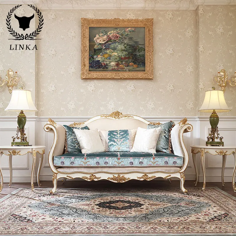 

Court French hand carved solid wood cloth sofa luxury villa pasted with gold and silver foil high-end furniture RT