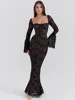 Mozision Lace Print Long Flare Sleeve Sexy Maxi Dress For Women Fashion Square Collar Backless Bodycon Club Party Sexy Dress 1