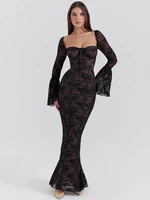 Mozision Lace Print Long Flare Sleeve Sexy Maxi Dress For Women Fashion Square Collar Backless Bodycon Club Party Sexy Dress 1