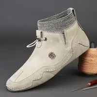 CLOHOO Casual Slip On Men Boots With Elastic Mouth Fall Winter Outdoor Walking Flat Shoes Genuine Leather Ankle Boots for Men