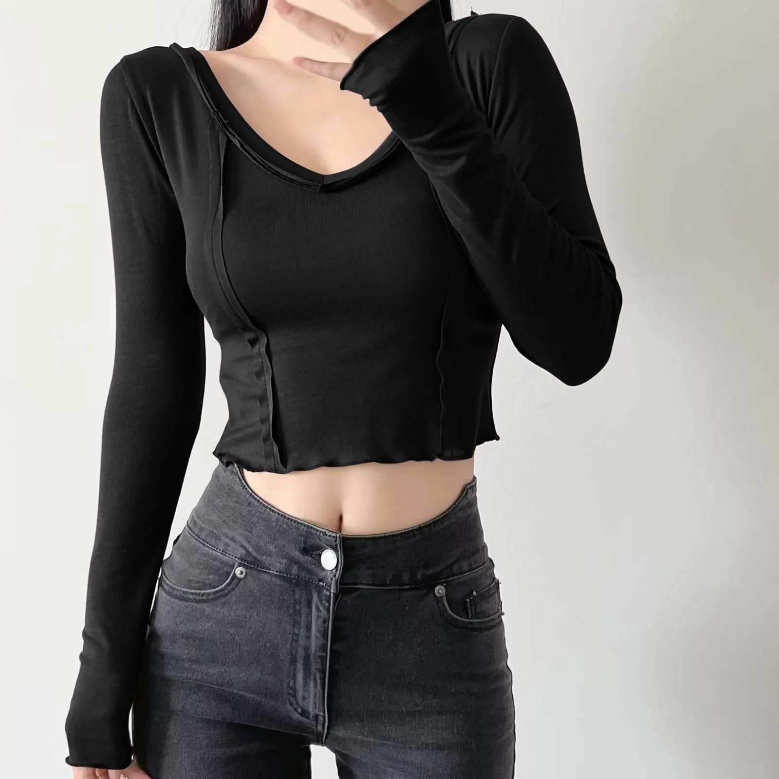 

Spandex Shirt Women Women's Sexy Slim V Neck Stitching Long Sleeved Cuff Short Style 100 Cotton Shirts Women Cute Colla Shirts
