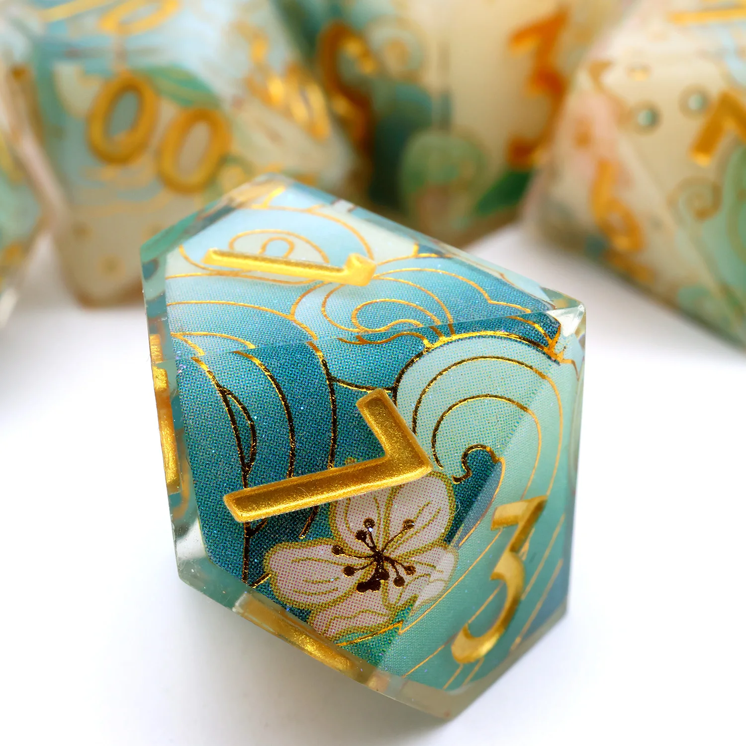 Enchanting DND Dice Set with Ocean Wave & Peach Blossom Designs-Perfect for Board Game RPG & Tabletop Gaming Adventures-F2 game dice dice set acrylic dice