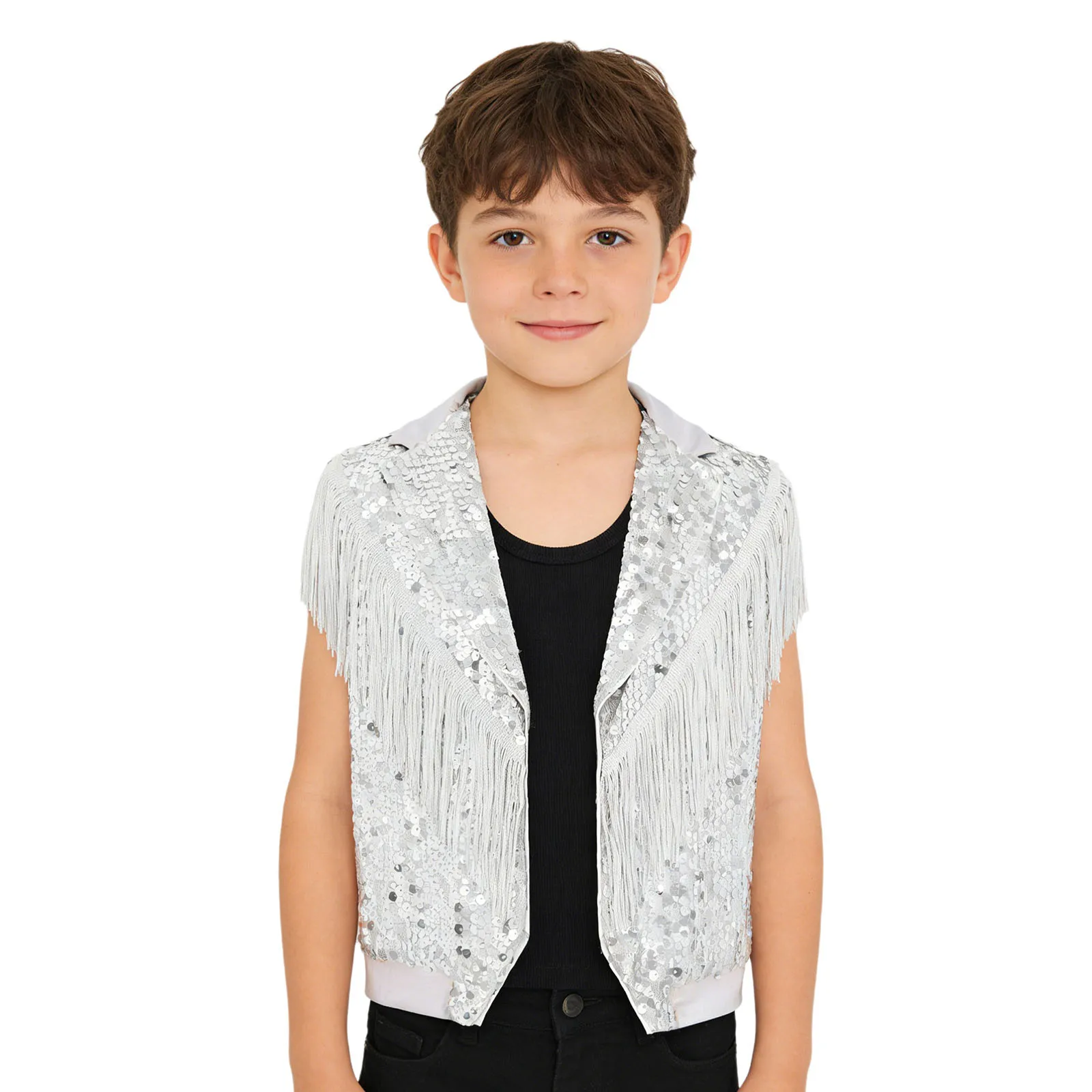 어린이 재즈 댄스 디스코 조끼 키즈 보이즈 태슬 스팽글 조끼 무대 공연 의상 라펠 칼라 민소매 재킷 탑