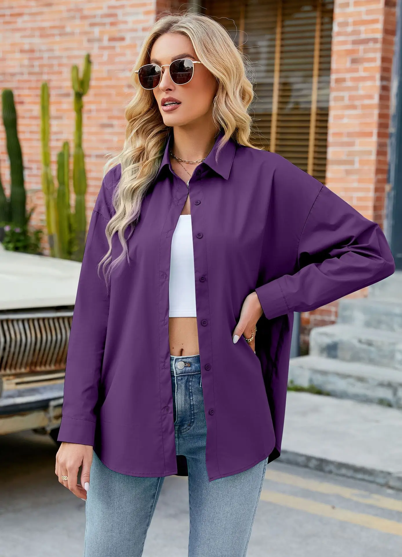Womens Clothing V-neck Solid Button Long Sleeve Casual Blouse