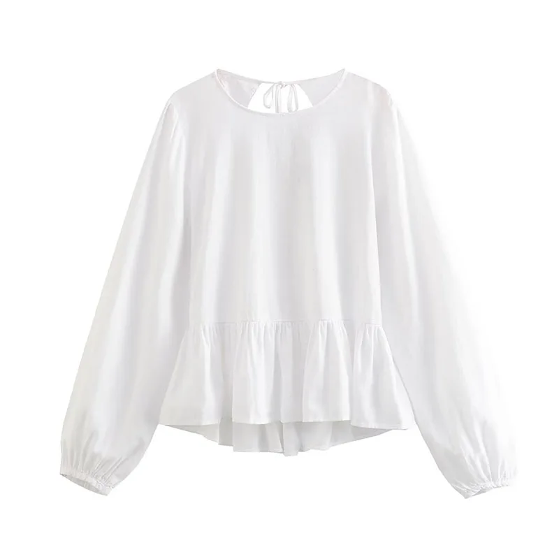 

Autumn And Winter Women's 2023 New Casual Fashion Trend Round Neck Cotton Linen Backless Hollow Shirt White Blouse