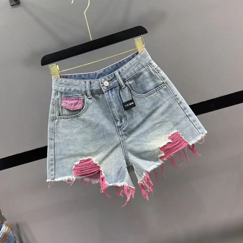Colorful distressed denim shorts for women's 2024 summer new high waisted slimming edge wide leg pants hot pants