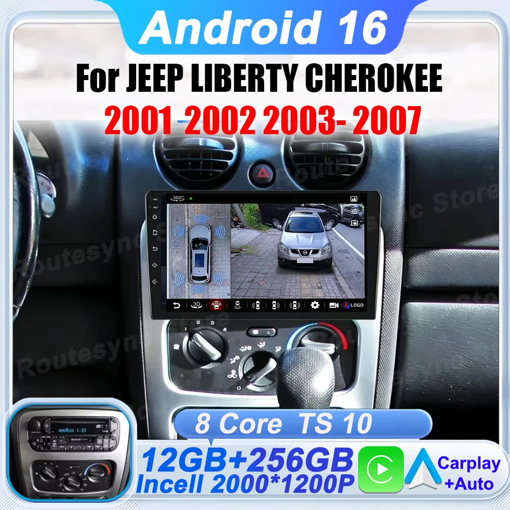 Autoradio Android 16 per JEEP LIBERTY CHEROKEE 2001-2007, 8 Core, Navigazione GPS, 5G, Schermo 9 Pollici, BT, Carplay