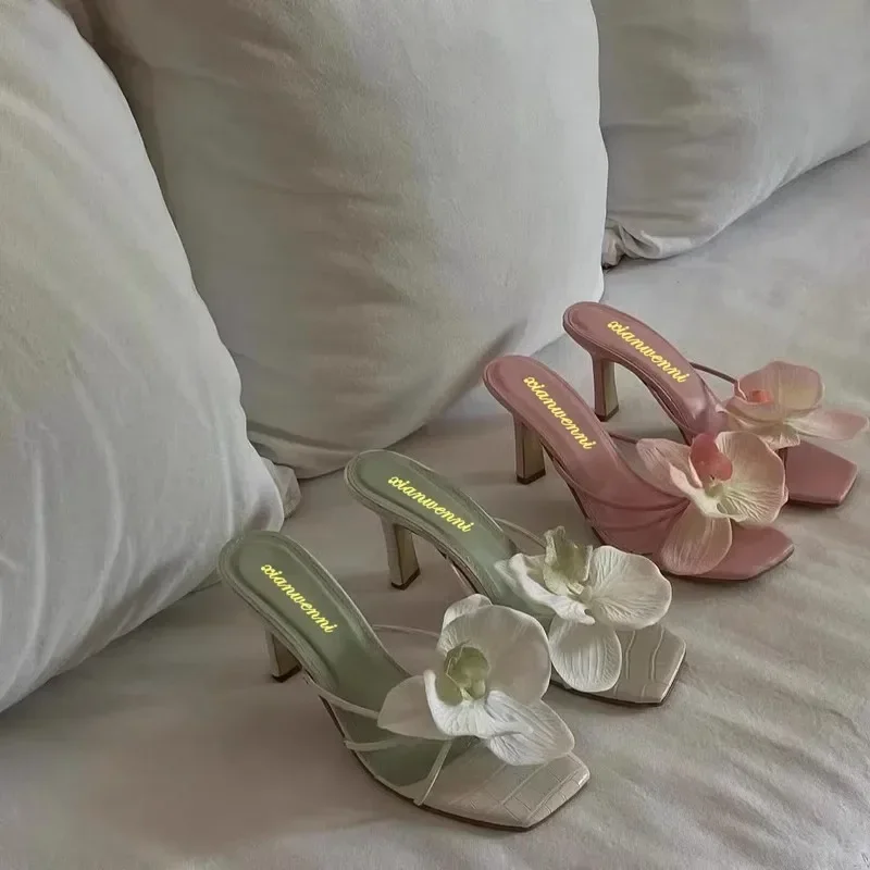 Brand Shoes Female 2024 Summer New Elegant Flowers Design Women's Slippers Casual Fashionable Outer Wear High Heel Slides Women 3