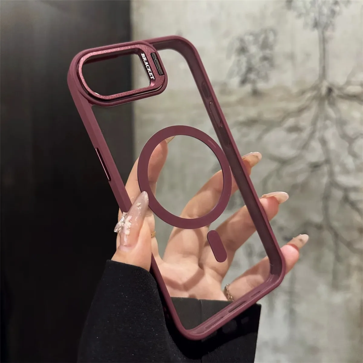 Magsafe-Compatible Clear Case with Metal Camera Frame Stand & Lens Protector