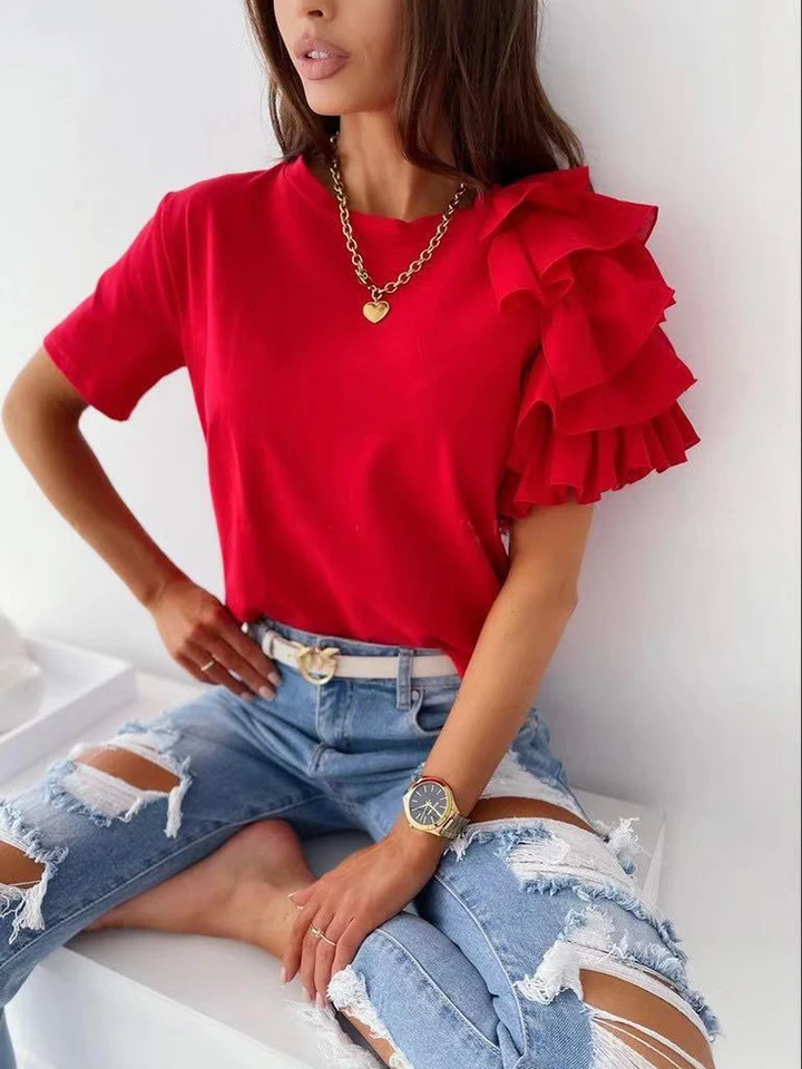 Blusa De Gasa Con Cuello En V De Encaje Para Mujer, Camisa De Verano De Manga Corta Con Volantes, Tops Para El Trabajo, Citas, Compras, Fines De Semana En Casa, Blanco S