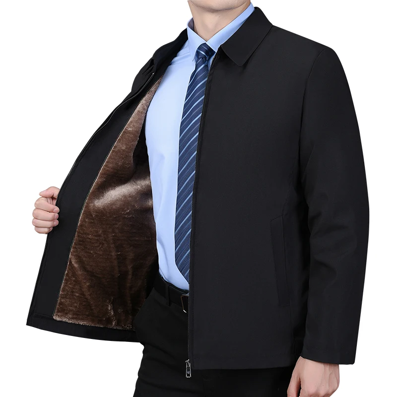 Men's Business Jacket Parkas Lapel Jacket Zipper Pockets Autumn Winter for Mid-aged Men