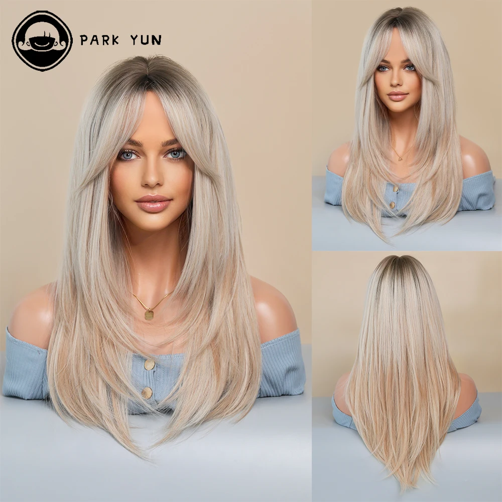

Long Blonde Wigs for Women Synthetic Hair Wig with Fringe Ombre Color with Dark Roots Layered Wigs Heat Resistant Fake Hair