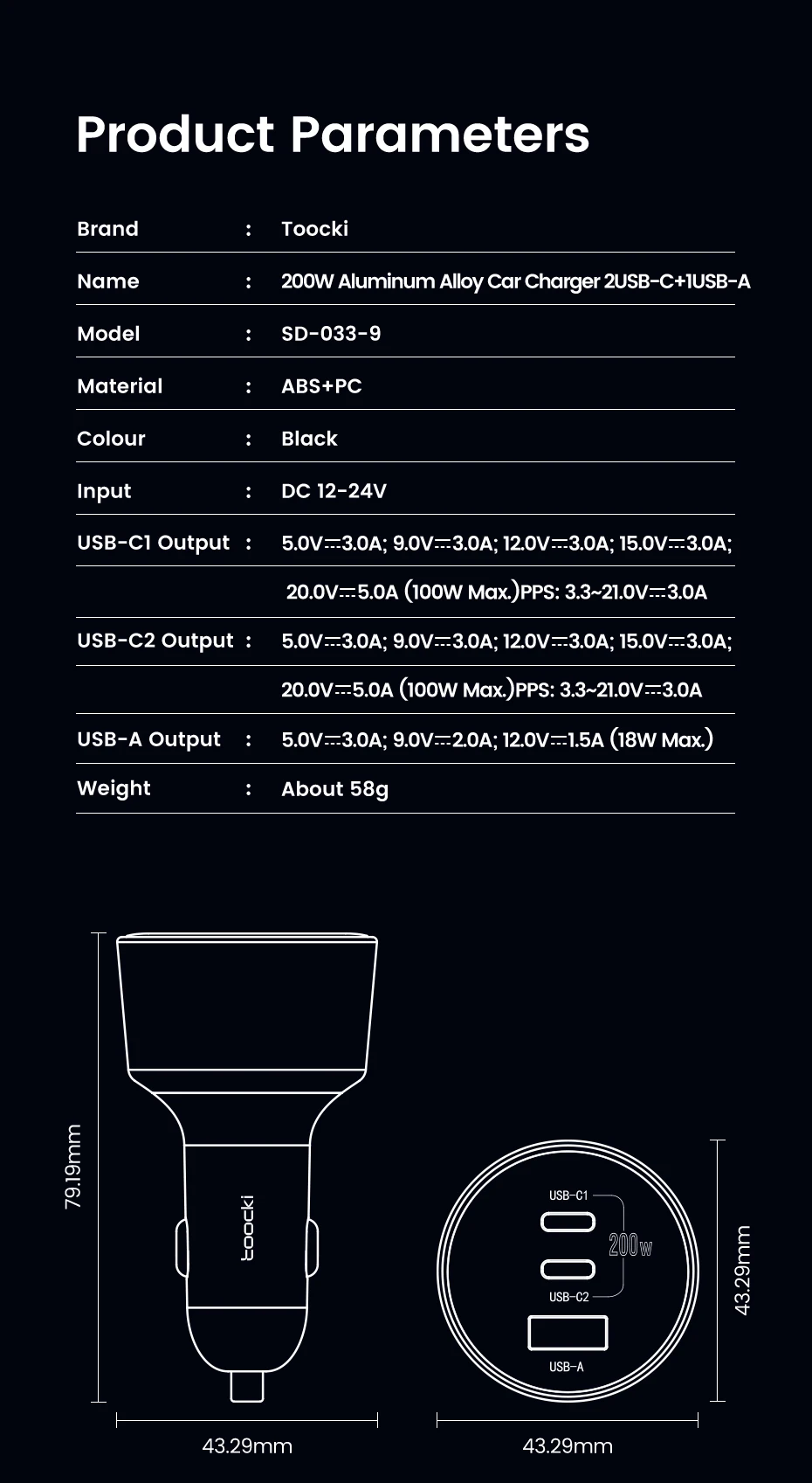 Toocki 200 W USB C Auto Ladegerät Für QC4.0 PD 3,0 Super Lade LED Multi-Port Typ C auto Telefon Ladegerät Für Samsung S23 iPhone 15 – Detail 12