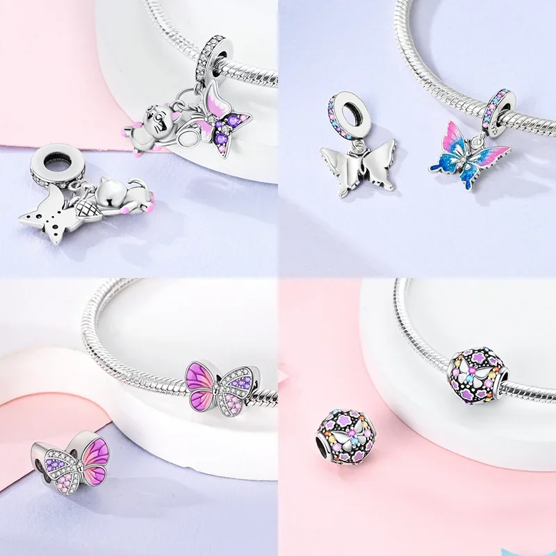 Elegant Blue Dragonfly and Butterfly Charm Bracelet in Original 925 Silver