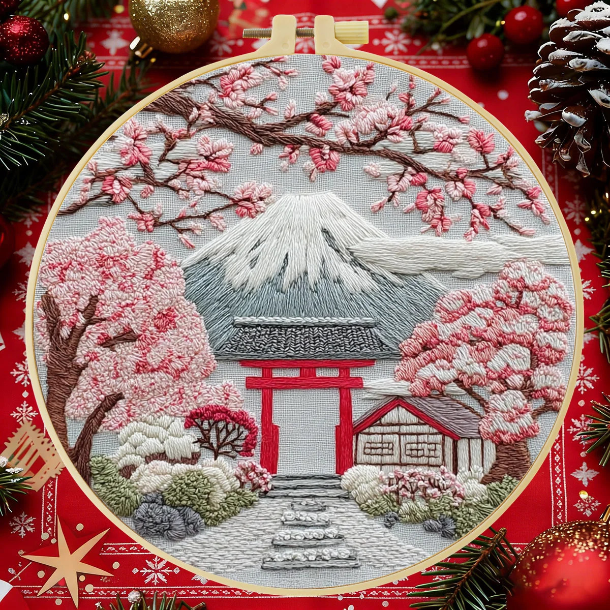 1 Stück 20X20CM/15X15CM Kirschblüten und Schneeberge Stickerei Starter-Kit DIY Kreuzstich Nähkunst als Geschenk