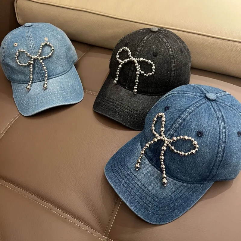 

Korean Version Niche Casual Denim Baseball Hat Women Sweet and Cute Three-dimensional Pearl Bow Adjustable Sunshade Sports Cap