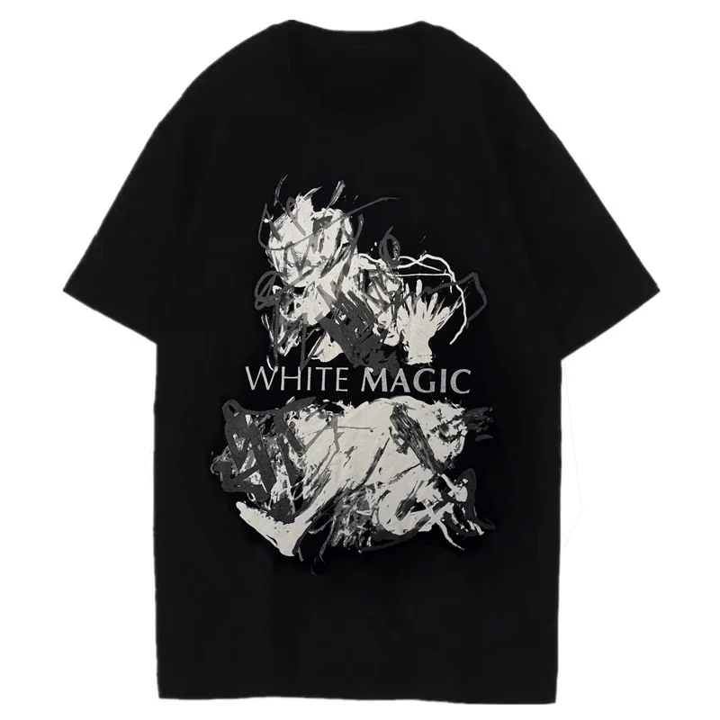 

Yohji Yamamoto Men's Cotton T-Shirts Japanese Summer WHITE MAGIC Graffiti Printed Women's Casual Short Sleeve Round Neck Tops