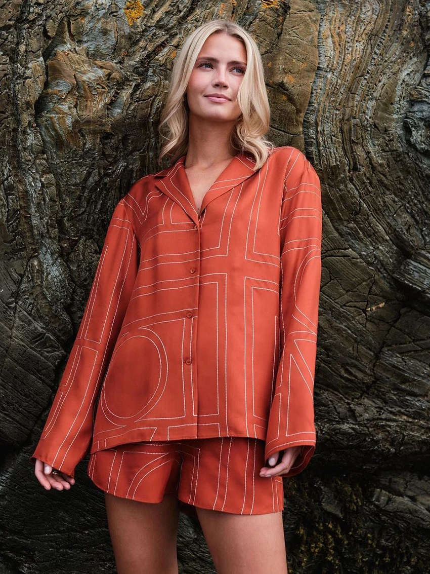 Marthaqiqi Casual Female Pajamas Suit Long Sleeve Nightgowns Turn-Down Collar Nightwear Shorts Printing Loose Women Nightie Set