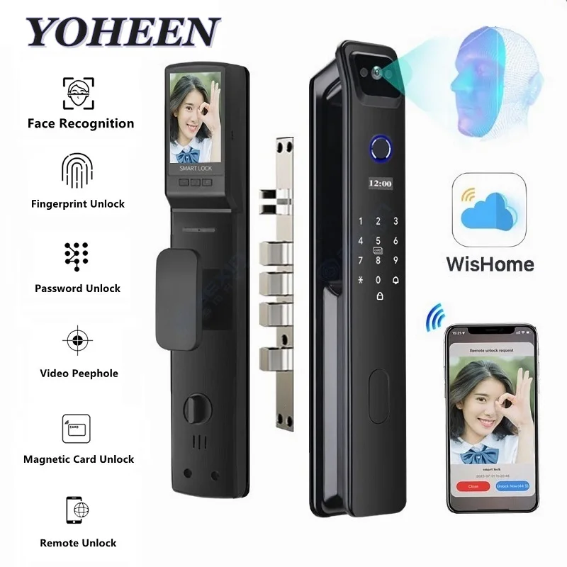 

3D Facial Recognition Fingerprint Smart Digital Lock with Cat's Eye Visual Doorbell Screen Wifi Door Nfc Code Card Key Unlock