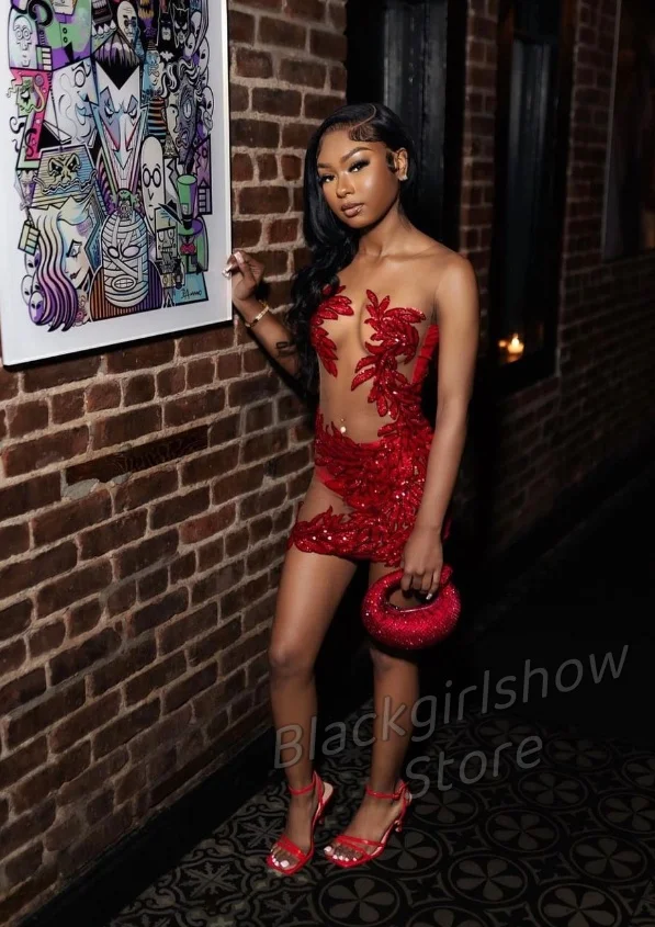 Luxury Red Diamante Short Dress Black Girls Crystal Tulle See Through Birthday Party Dresses Bal De Promo