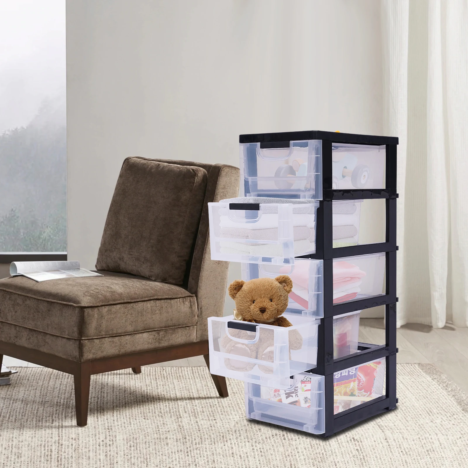 PP Plastic Storage Cabinet 5 Drawers Stackable Clothes Storage Box Organizer Large Stackable Storage Cabinet Transparent