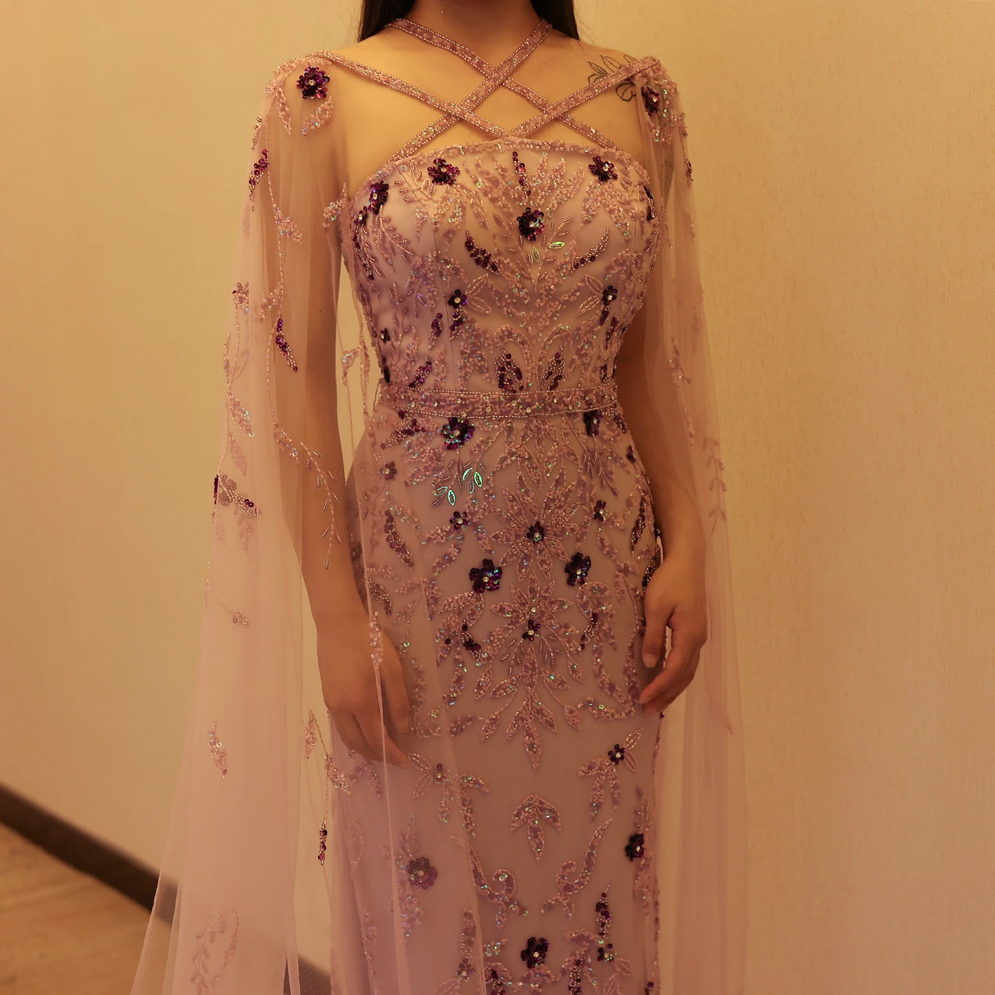 Luxury Dubai Lilac Arabic Evening Dresses with Cape Sleeves Criss Cross Elegant Arab Women Wedding Party Gowns 370 4 Luxury Dubai Lilac Arabic Evening Dresses with Cape Sleeves Criss Cross Elegant Arab Women Wedding Party Gowns 370 4