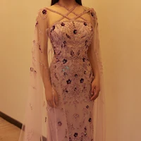 Luxury Dubai Lilac Arabic Evening Dresses with Cape Sleeves Criss Cross Elegant Arab Women Wedding Party Gowns 370 1