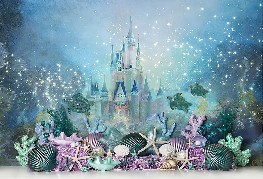 Mehofond 사진 배경 인어 바다 수중 성 소녀 첫 번째 생일 케이크 스매시 장식 배경, 사진 스튜디오