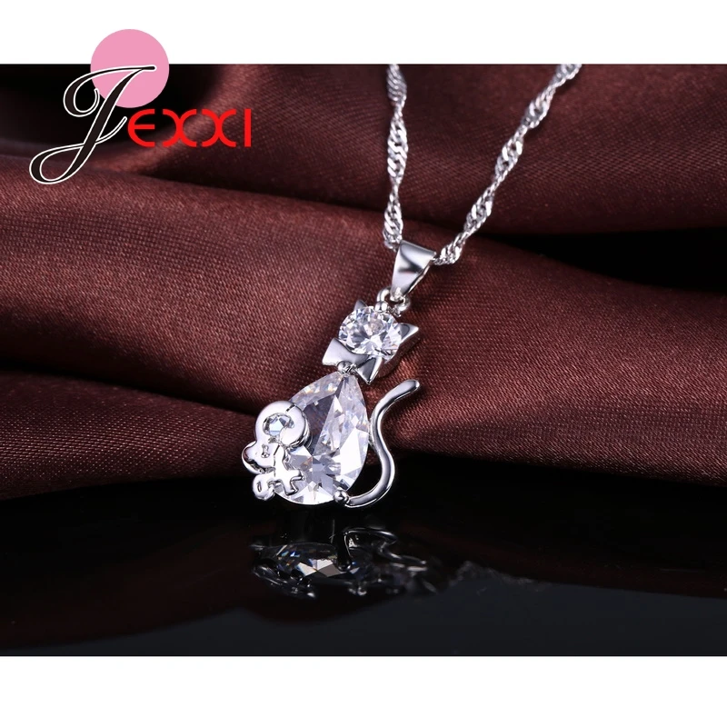 Genuine 925 Sterling Silver Lovely Cat Shape Cubic Zirconia Pendant Necklace Earrings Jewelry Sets For Women Ladies jewelry set silver jewelry silver jewelry set